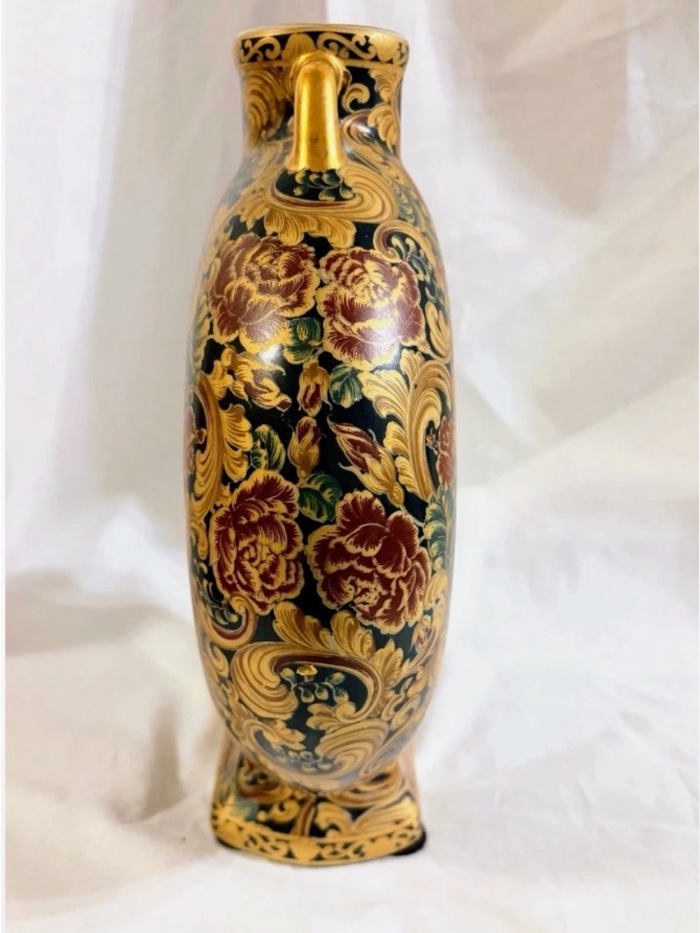 Hand-Painted Black and Gold Floral Decorative Vase